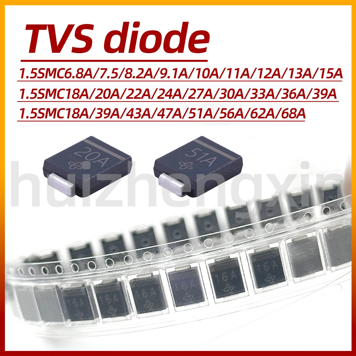 10PCS 1.5SMC6.8A 7.5 8.2 9.1 10 11 12 13 15 16 18 20 22 24 27 30 33 36 39 43 47 51 56 62 68A Unidirectional TVS diode