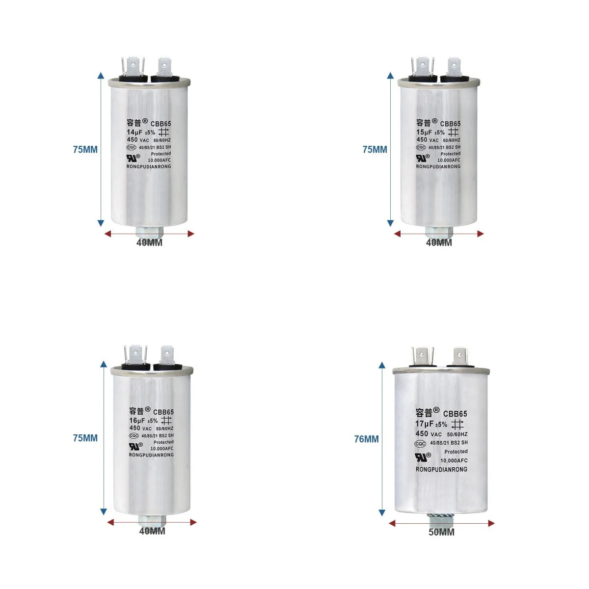 CBB65 Air Conditioner Capacitor Bottom with Screw 5UF 10UF 15UF 20UF 25UF 30UF 35UF 40UF 50UF 60UF 70UF 80UF 100UF 450V Screw