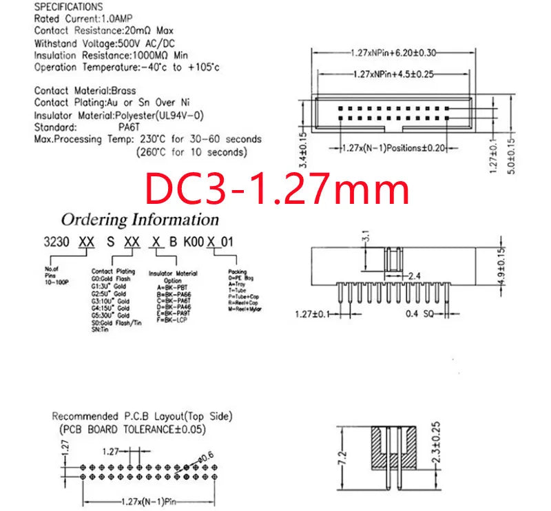 5Pcs DC3 Dual Row Male Connector PCB Header 1.27mm 2.0mm 2.54mm Pitch, Straight/RA/SMT Pin Header for Electronics(6-40 Pins)
