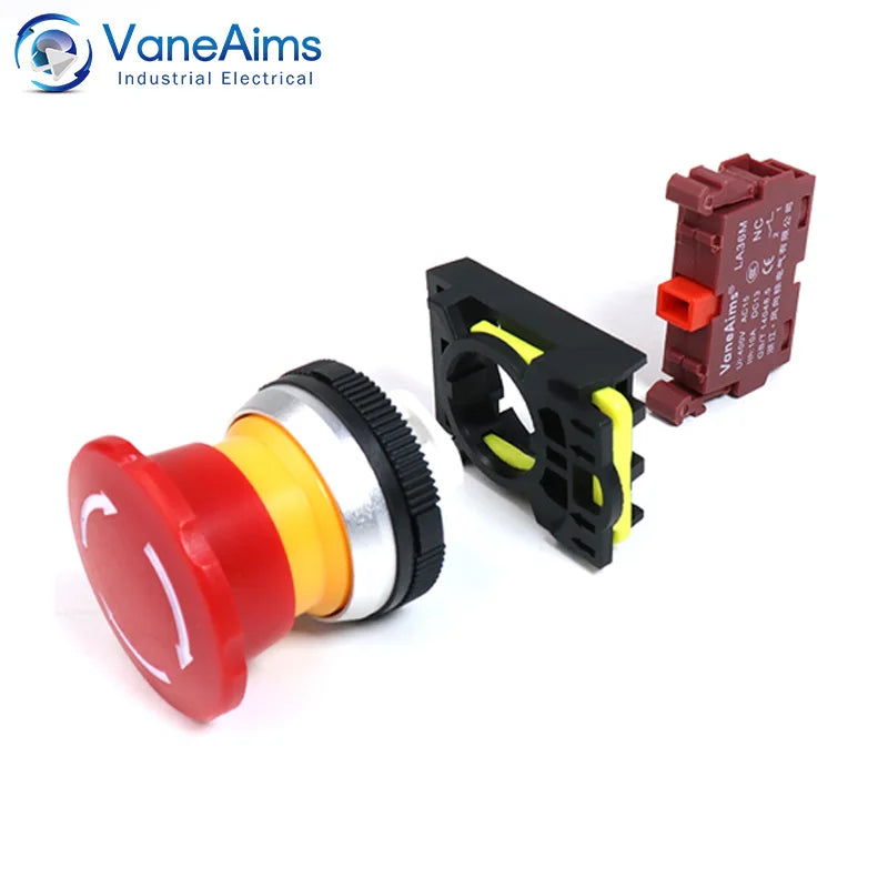 30mm LA36M Plastic Mushroom E-stop Switch Emergency Stop Push Button Switch Latching Self Locked with Red LED Light 12v 24v 220v