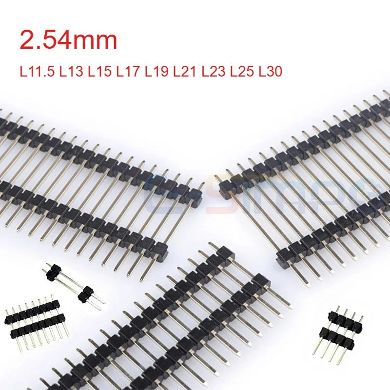 50pcs 2.54mm Gold Single Row Double plastic 1x2/3/4/5/6/7-40P PCB Board Spacer Male Pin Header Long 11.5/13/15/17/19/21/25/30mm