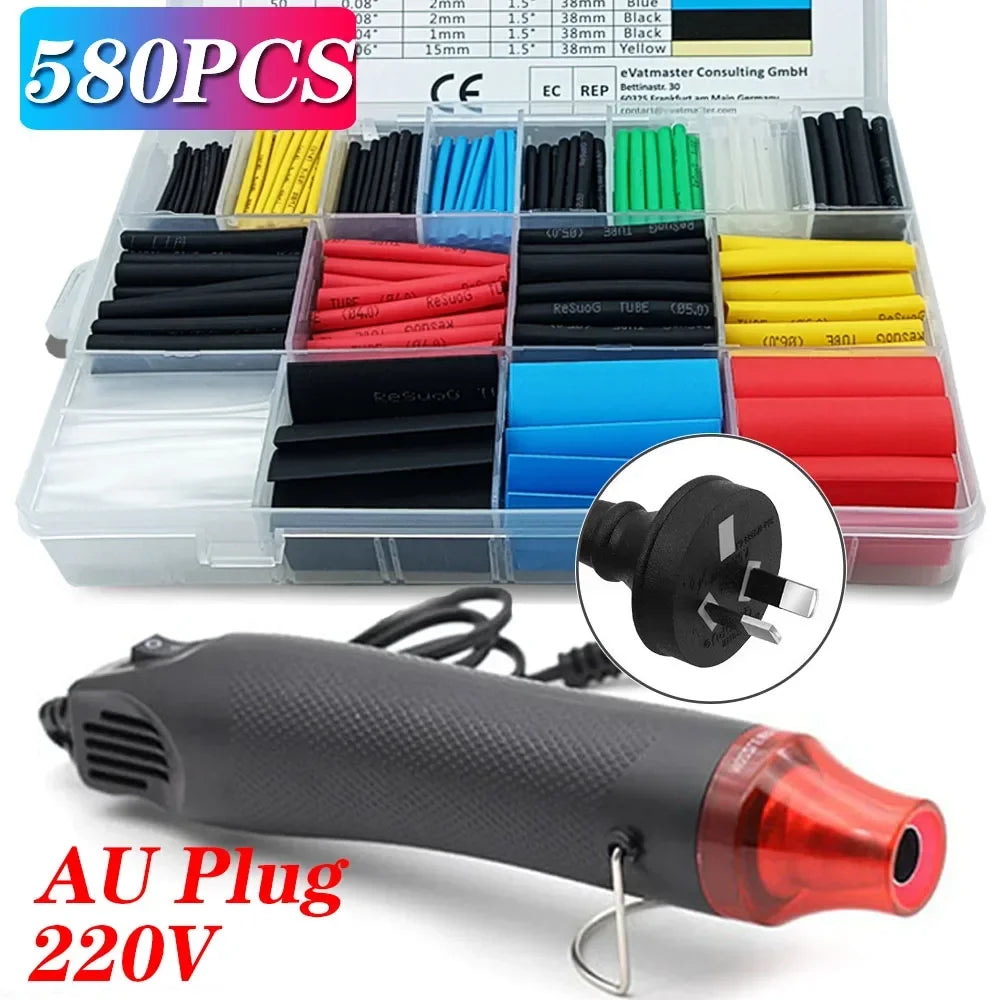 Electrical Mini Heat Gun Handheld Hot Air Gun with 80/530/127PCS Heat Shrink Butt for DIY Craft Embossing Shrink Wrapping PVC