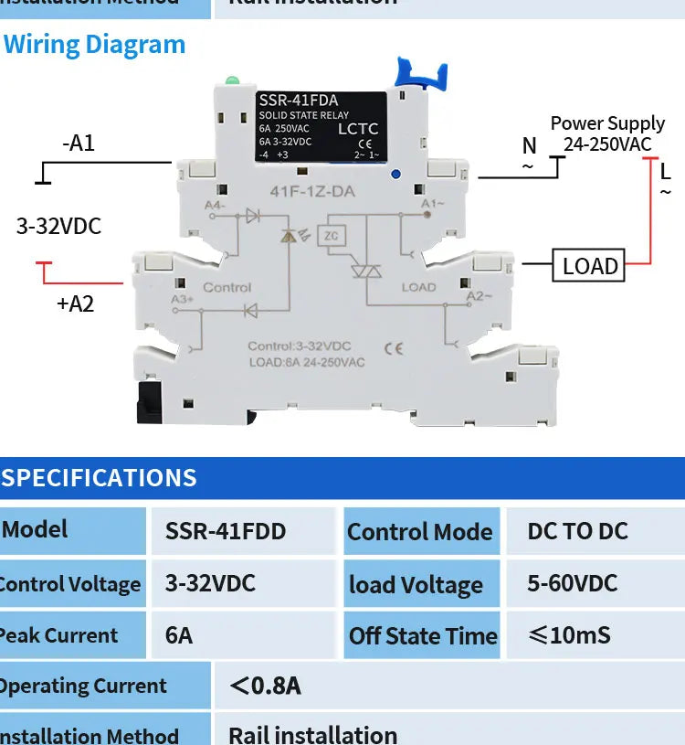 1PCS DIN Rail Mounted Slim Relay SSR Solid State Relay DC Control AC DC Control DC SSR-41FDA/DD 6A 3-32VDC 24-250VAC