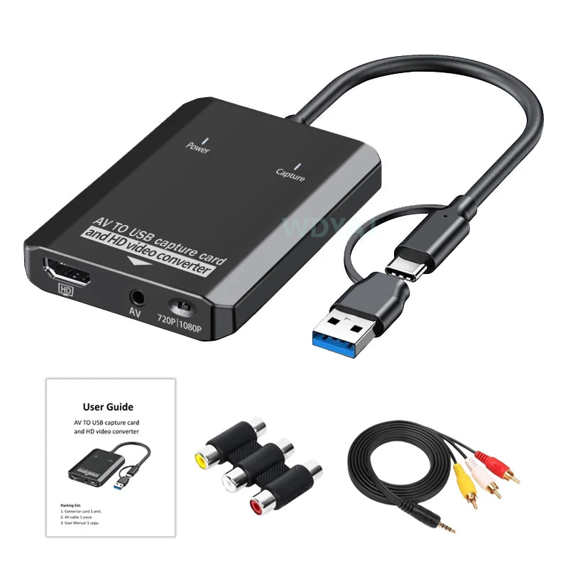 VHS to Digital Converter RCA to HDTV Adapter USB Video Capture Card for VCR/DVD/AV/PS2/Wii, Windows Mac Linux AV to HDTV