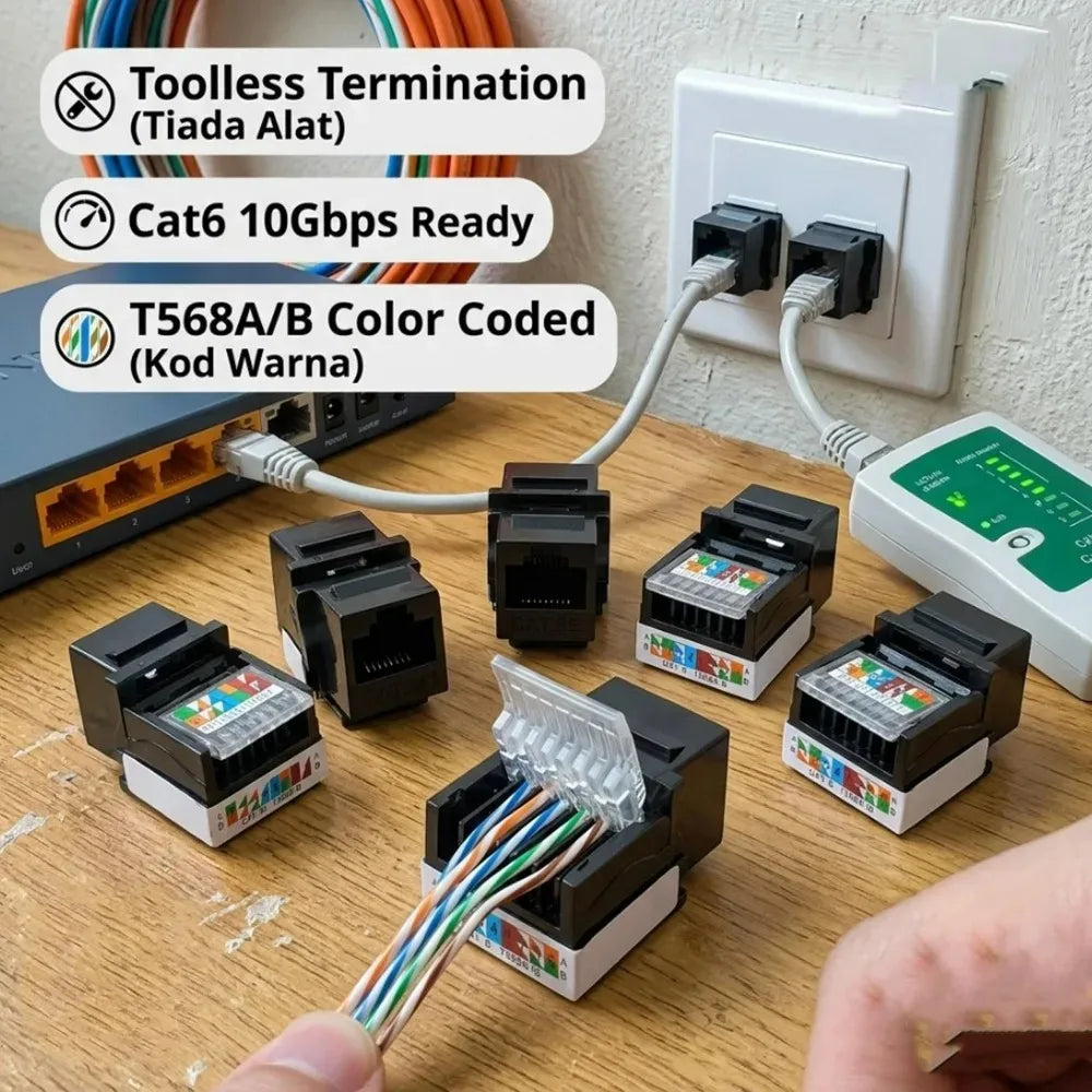 For RJ45 Module Coupler Ethernet Module Female Jack Wall Adapter RJ45 Cat6/Cat5e Ethernet Keystone Jack No Punch-Down Tool-Less