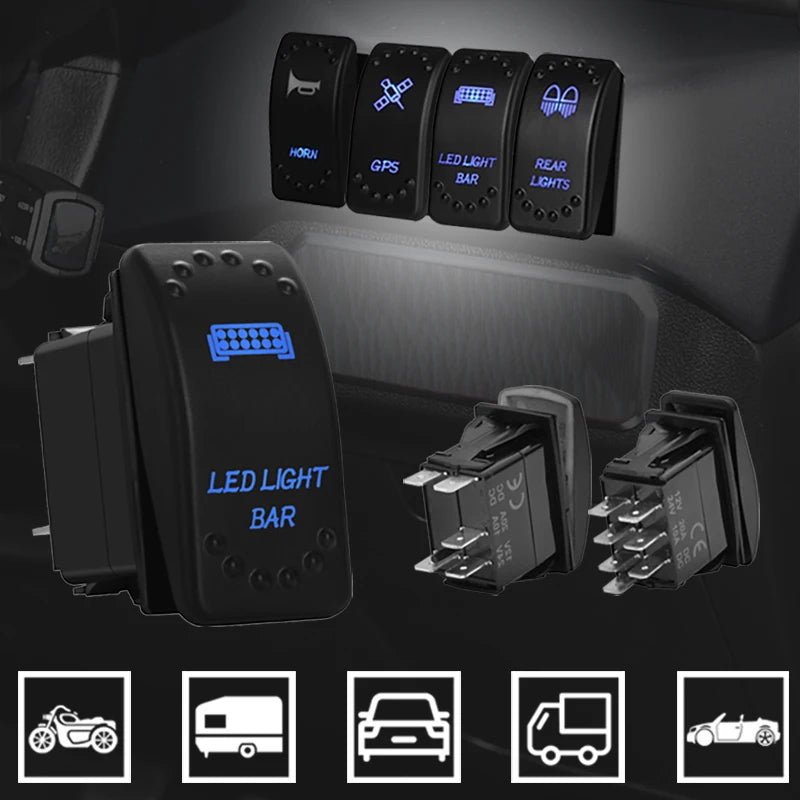 Waterproof Rocker Switch with Blue LED | 12V/24V Latching & Momentary (SPST/ DPDT) | for Marine, UTV, ATV, RZR, Automotive