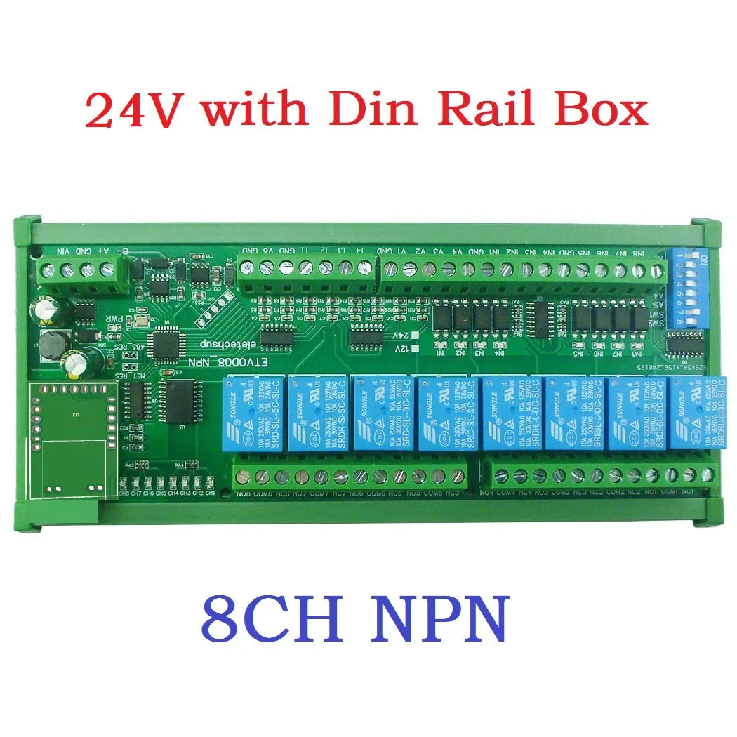 8DI 8DO Analog IO Module Modbus RTU RS485 Ethernet 4-20mA 0-10V 10A Relay DIN Rail PLC Expansion DC12V/24V Opto Isolated