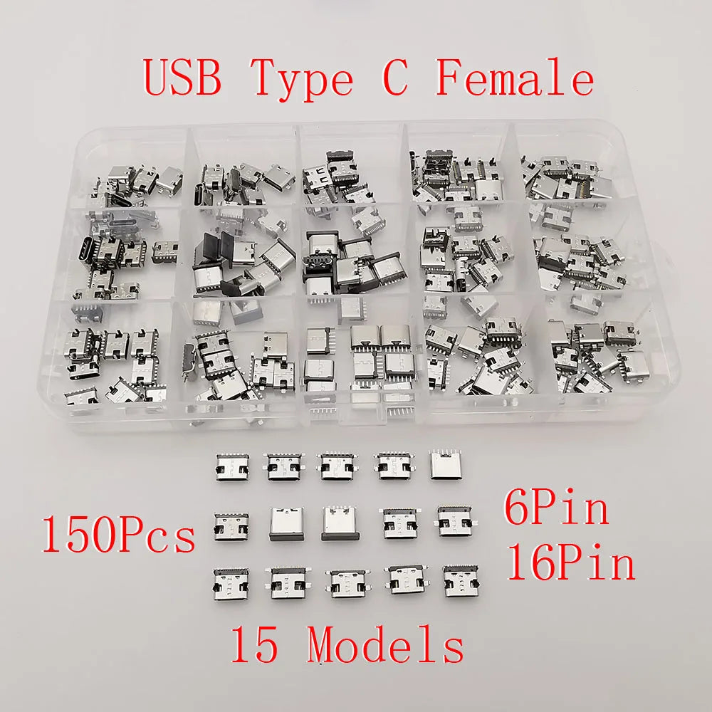 1Box Type-C USB Charging Dock Connectors 6 Pin 16 Pin USB-C Female Jack SMD DIP PCB Soldering DIY Repair Type C Socket Adapter