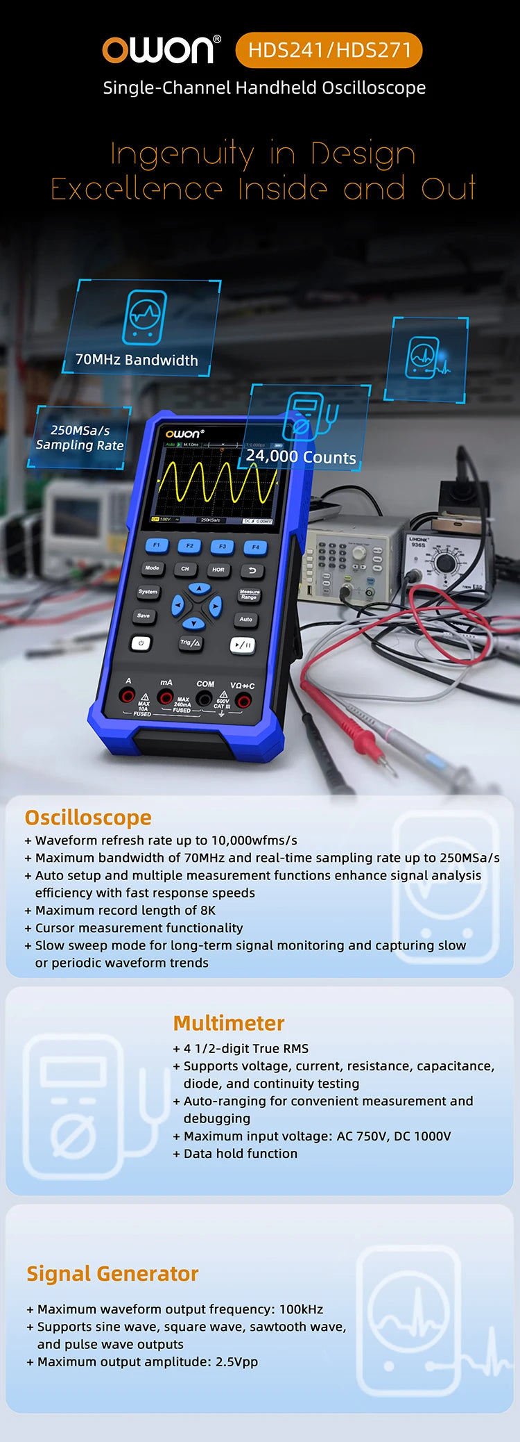 OWON HDS2102S/HDS272S/HDS242S Handheld 3-in-1 Digital Oscilloscope, Signal Generator, Multimeter | 100MHz Bandwidth, 2 Channels