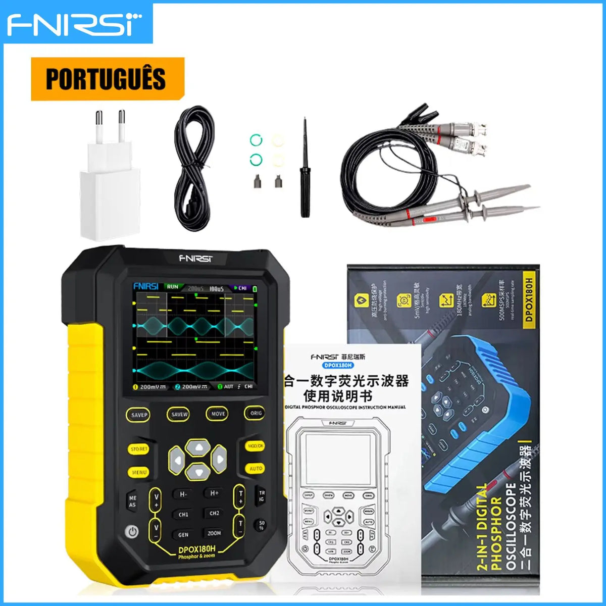 FNIRSI DPOX180H Handheld Dual Channel Digital Oscilloscope 180MHz-3DB 2 In 1 Function Signal Generator Fluorescence Display ZOOM