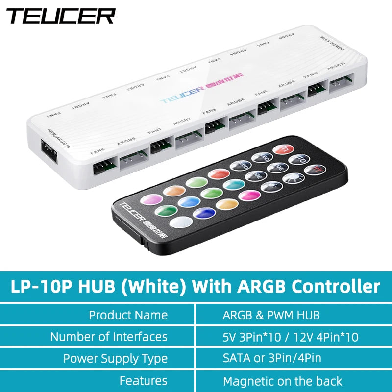 TEUCER LP-10P 12V 4Pin PWM & 5V 3Pin ARGB with SATA 10 Way Sync Fan Hub PC Cooling Fan Addressable RGB Lighting Splitter