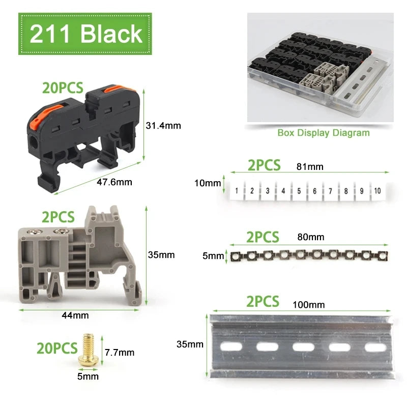 Din Rail Type Various Terminal Block Kit 211 Wire Electrical Conductor Universal Fast Cable Connector With Number Strip Set