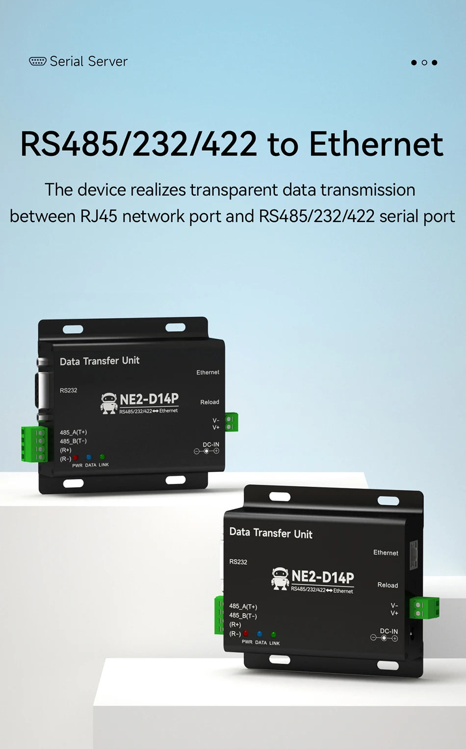 RS485/RS232/RS422 to Ethernet Serial Server DC8-28V Modbus TCP RTU MQTT CDEBYTE NE2-D14P AT Command Power and Signal Isolation