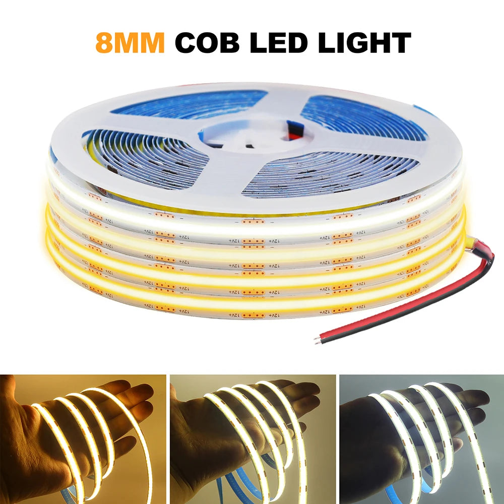 12V 5V USB COB LED Strip Light With 2Pin Wire 320 384 480 528 LEDs Flexible Tape Linear Lighting Warm White Pink Blue Red Yellow