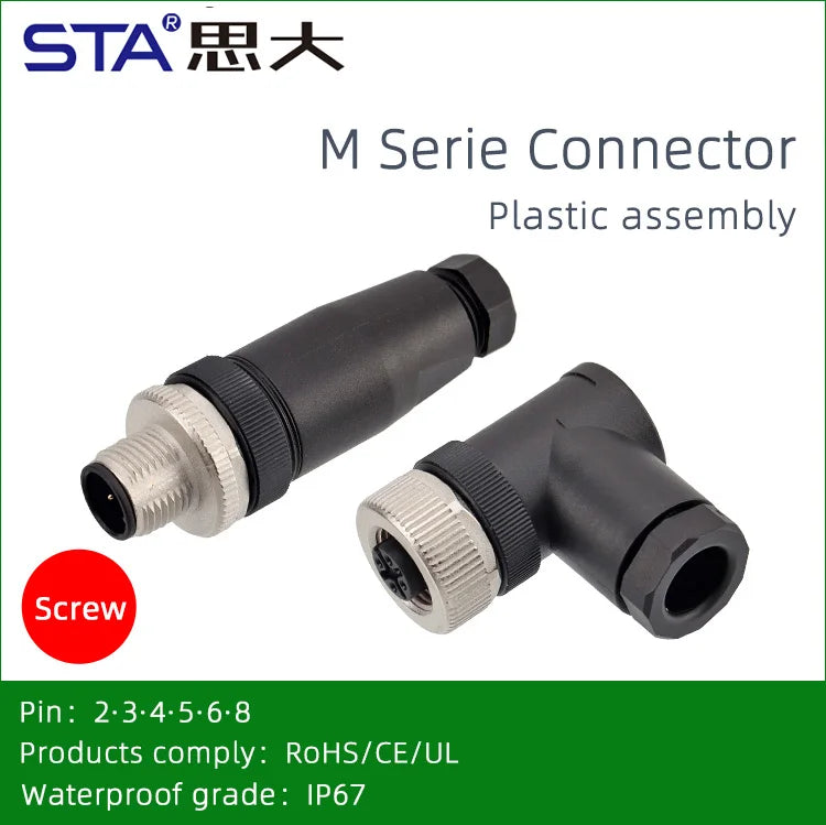 Screw Type Waterproof IP67 Plastic M12 A B D Code Field Connectors PG7 PG9 Male Plug 2 3 4 5 8 Pins