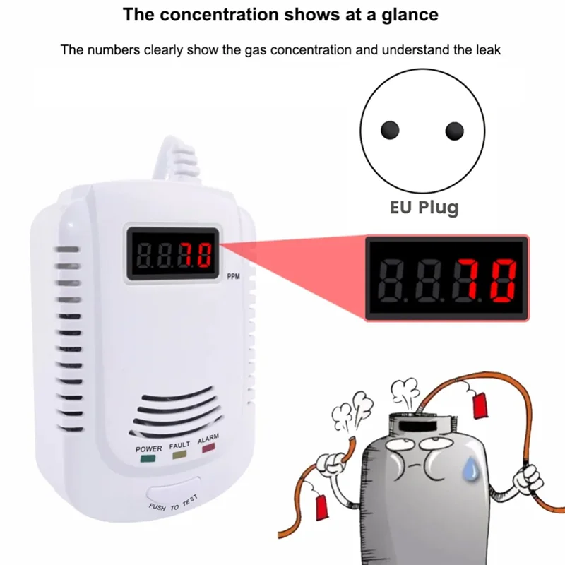 AB25-1 Piece Gas Detector Gas Alarm Sensor Methane Propane Plastic Gas Leak Detector LCD Security, EU Plug