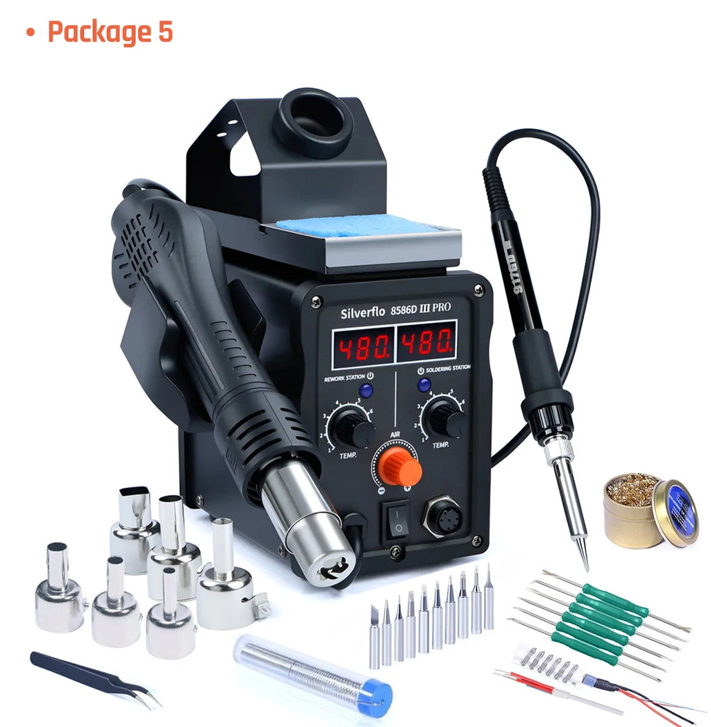 Silverflo 780W 8586D-III PRO Soldering Station 2 IN 1 Hot Air Rework Station Fsat Heating Soldering Iron with Sleep Mode