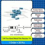 20pcs, 0R-22M 1% Metal Film Resistor 1W 0 2.2 10 100 150 220 270 330 470 1K 2.2K 4.7K 10K 47K 100K 470K 1M 10M 20M Ohms
