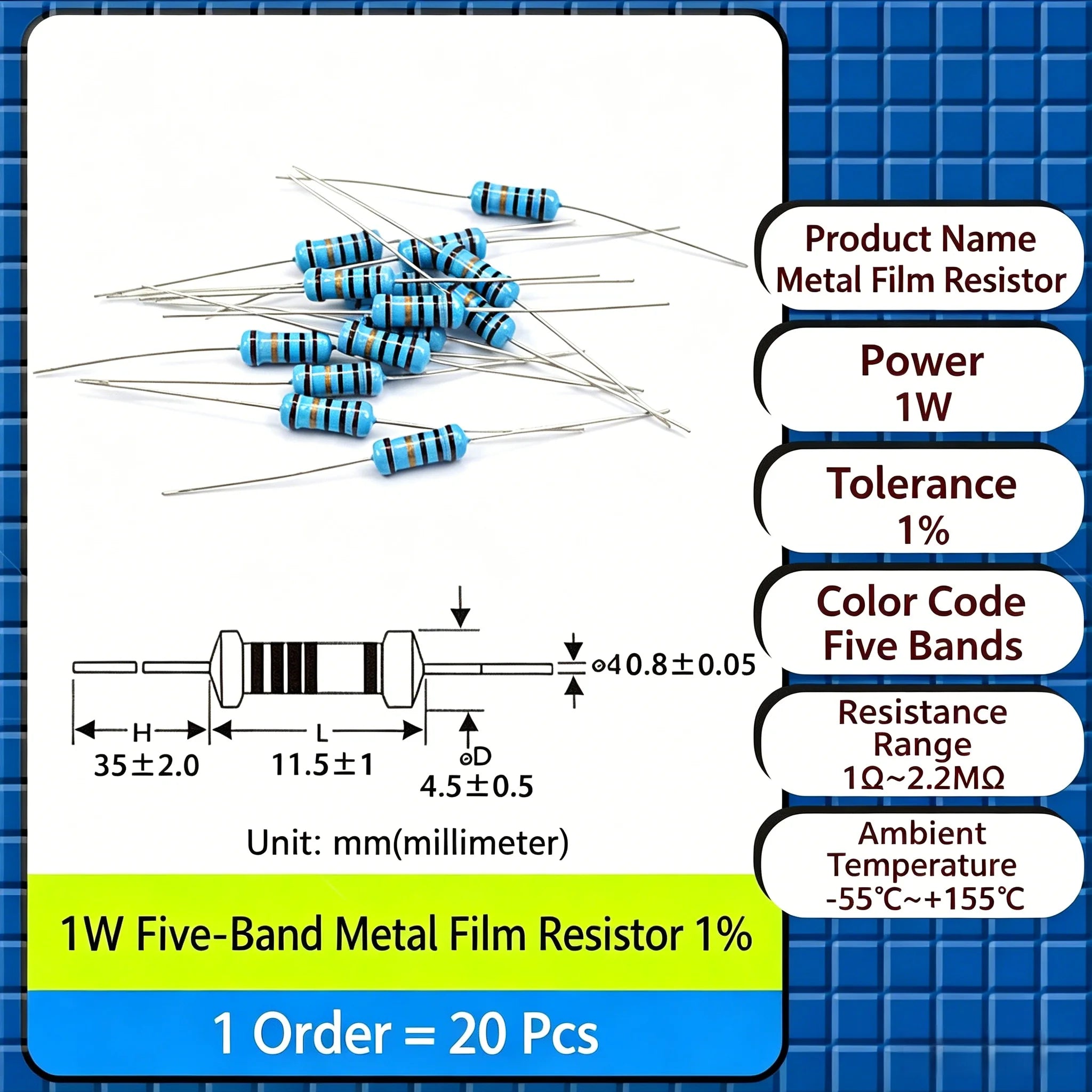 20pcs, 0R-22M 1% Metal Film Resistor 1W 0 2.2 10 100 150 220 270 330 470 1K 2.2K 4.7K 10K 47K 100K 470K 1M 10M 20M Ohms