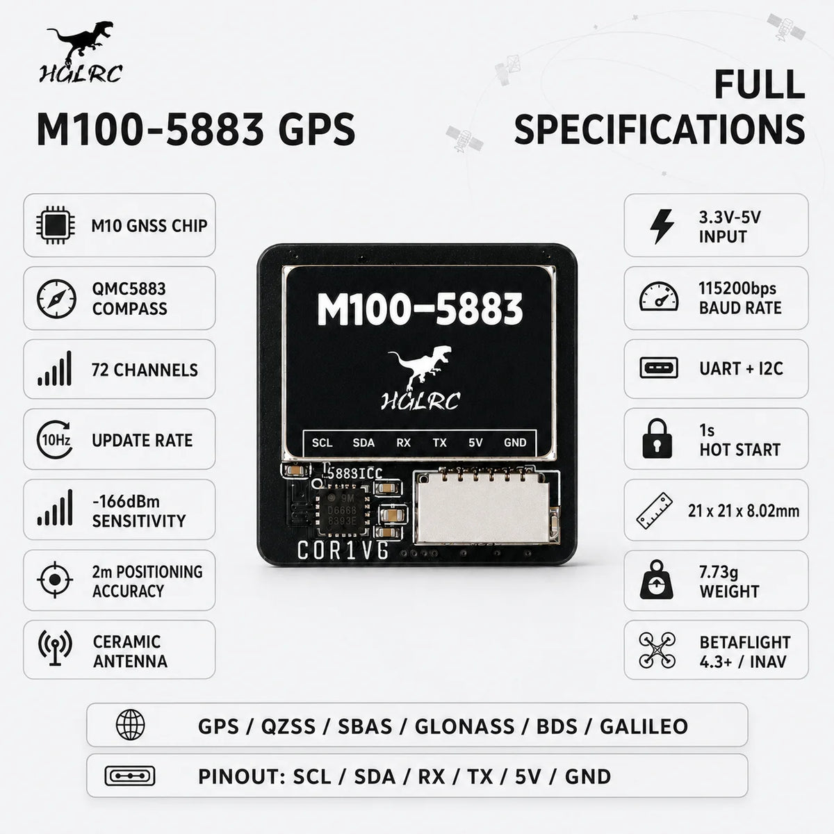HGLRC M100-5883 Fast Lock M10 GPS Compass Multi GNSS BDS Galileo 72CH UART for FPV Drone Fixed Wing RC Plane M10-25Q Alternative