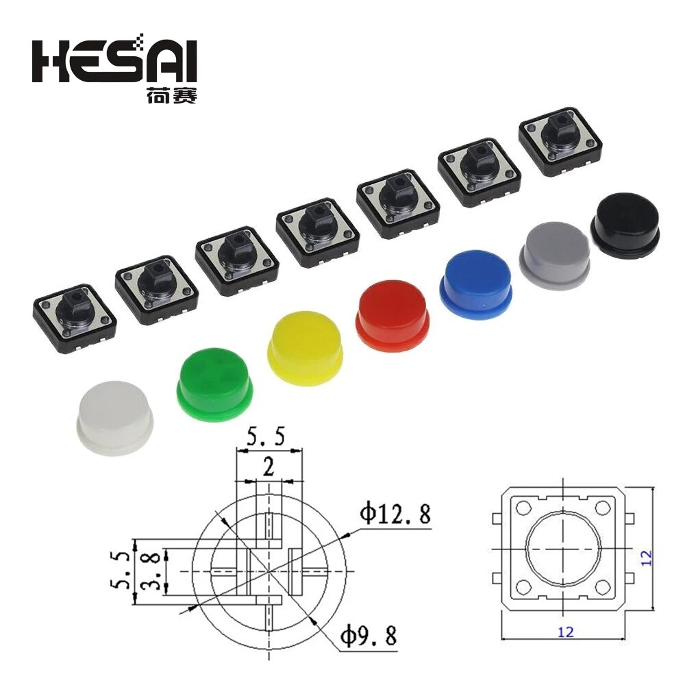 100Set Keycap Tactile Push Button Switch Momentary 12*12*7.3MM Micro Switch Button arduino Assorted Kit For Arduino Raspberry Pi
