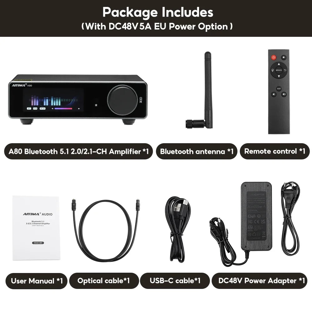 AIYIMA Upgraded A80 Power Amplifier TPA3255 DAC Bluetooth PFFB Stereo 300Wx2 Class D Digital Amp RCA TRS OPT COA USB Input
