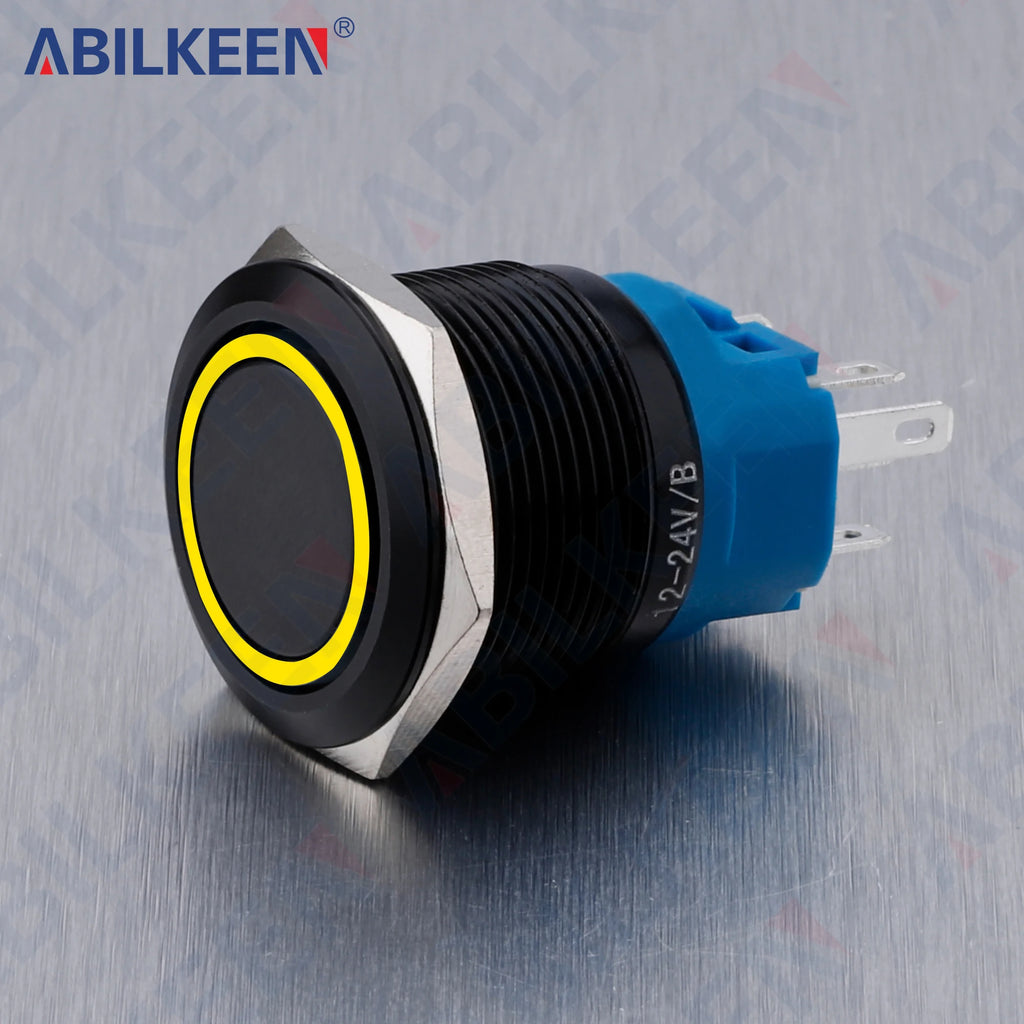 ABILKEEN 22MM Black Shell Push Button Switch LED Ring Illuminate Momentary/Latching Function 1NO1NC IP65 Waterproof Push Button