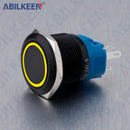 ABILKEEN 22MM Black Shell Push Button Switch LED Ring Illuminate Momentary/Latching Function 1NO1NC IP65 Waterproof Push Button