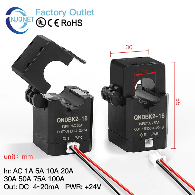 QNDBK2-24 AC 1A 5A 10A 20A 50A 100A 4-20mA Current Sensor Split Core Current Transmitter Clamp CT Current Transformer Transducer