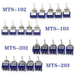 5Pcs Blue Miniature Lever Toggle Switch Single Pole Double Throw ON-OFF-ON /ON-ON 120VAC 6A 1/4 Inch Mounting MTS-102 103 202