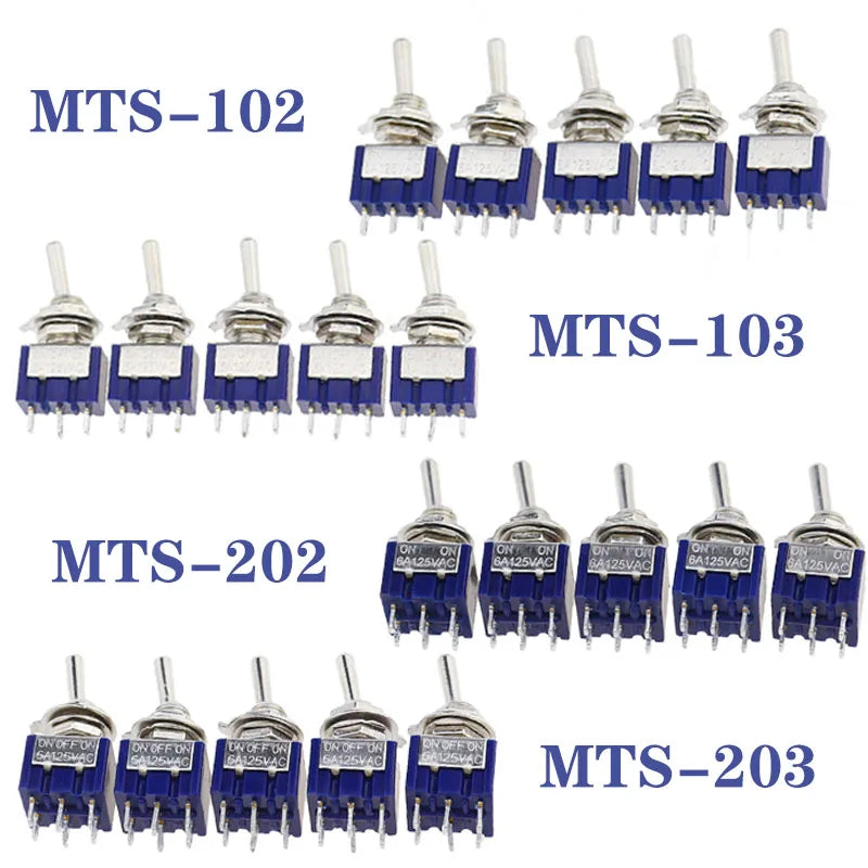 5Pcs Blue Miniature Lever Toggle Switch Single Pole Double Throw ON-OFF-ON /ON-ON 120VAC 6A 1/4 Inch Mounting MTS-102 103 202