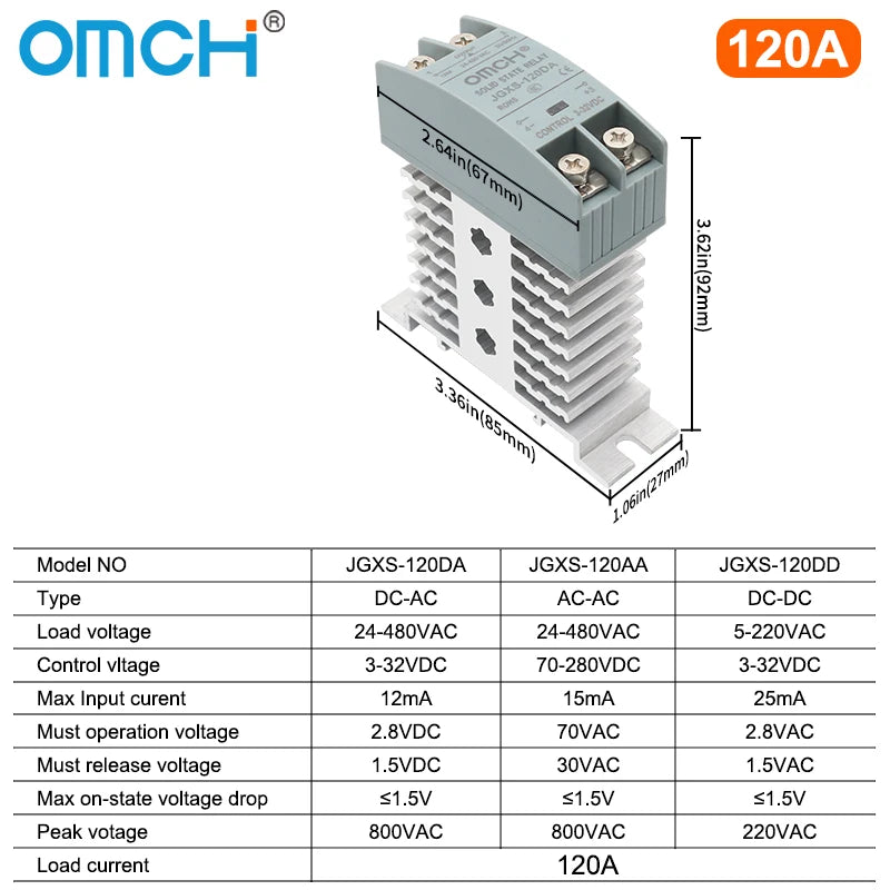 OMCH DIN Rail Solid State Relay SSR With Heatsink 10A 25A 40A 60A 80A 100A 120A DC-AC DC-DC AC-AC Single Phase Control
