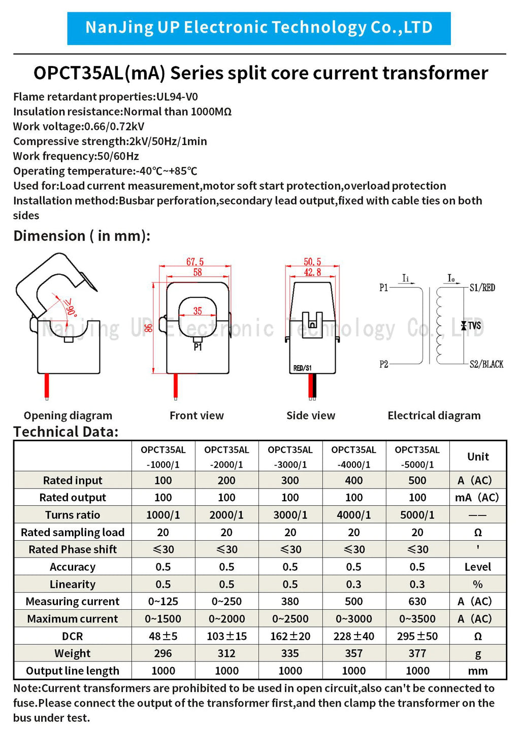 NJXSE OPCT35AGL Clamp Current Transformer 100A 200A 300A 400A 500A 600A / 1V 333mV 40mA 50mA Split Core CT with 3.5mm Jack