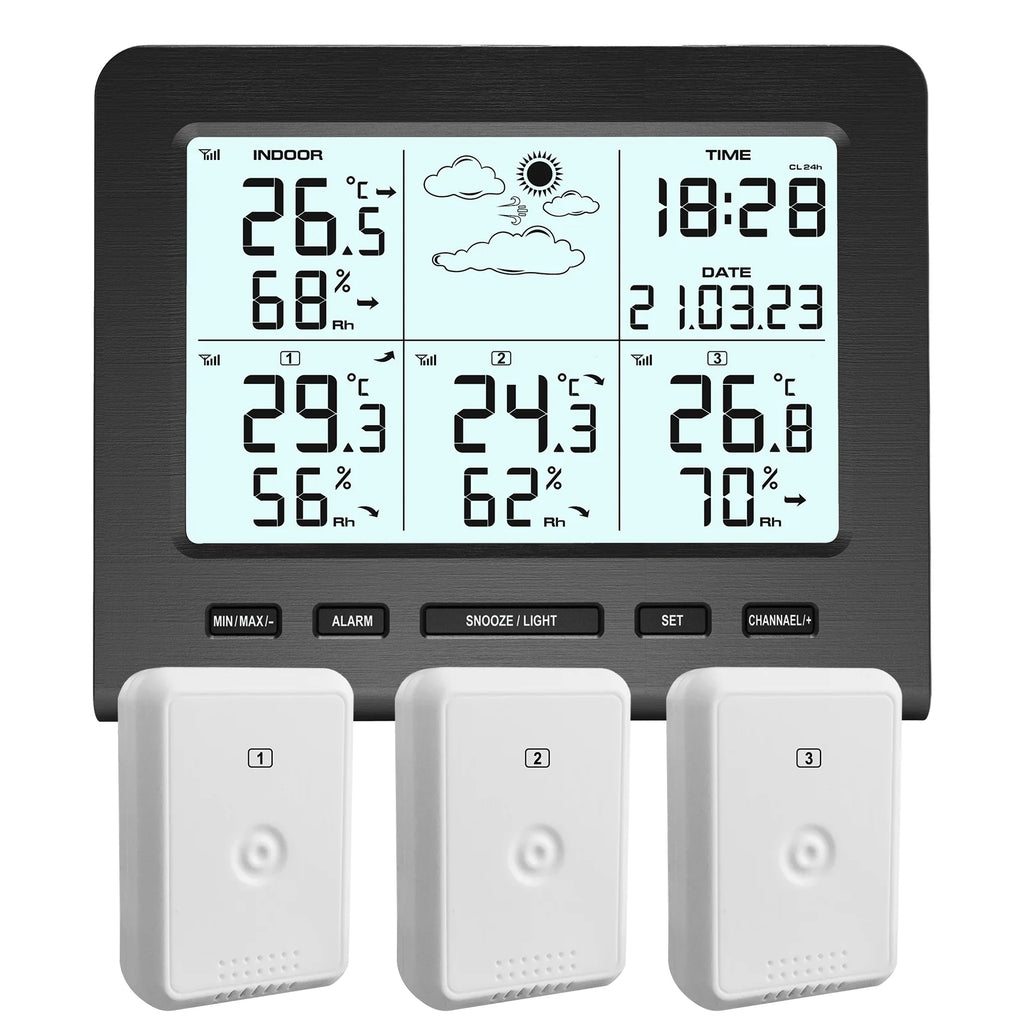 3 Sensors Weather Station with 100m Wireless Transmission Backlight LCD Alarm Clock  for Indoor/Outdoor Temp Humidity Monitor