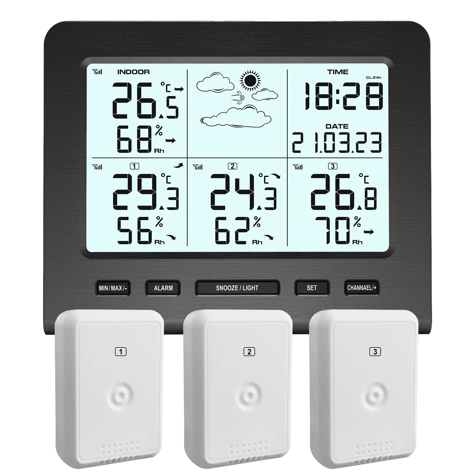 3 Sensors Weather Station with 100m Wireless Transmission Backlight LCD Alarm Clock  for Indoor/Outdoor Temp Humidity Monitor