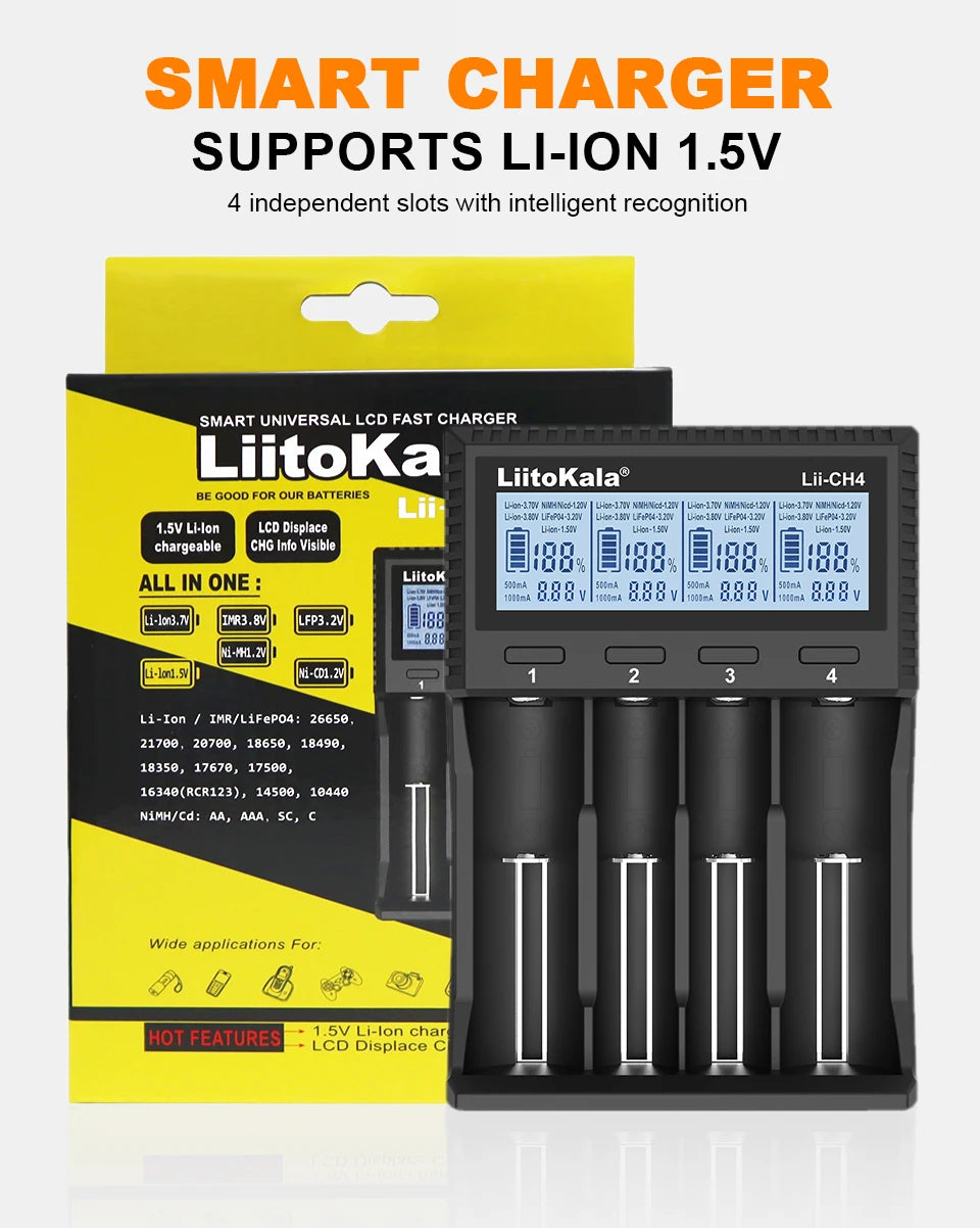 LiitoKala Lii-CH4 Smart Charger for 18650/21700/26650/AA/AAA/Ni-MH/Li-ion,1.2V/1.5V 4-Slot Fast Charge, USB-C, Auto Detect