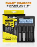 LiitoKala Lii-CH4 Smart Charger for 18650/21700/26650/AA/AAA/Ni-MH/Li-ion,1.2V/1.5V 4-Slot Fast Charge, USB-C, Auto Detect