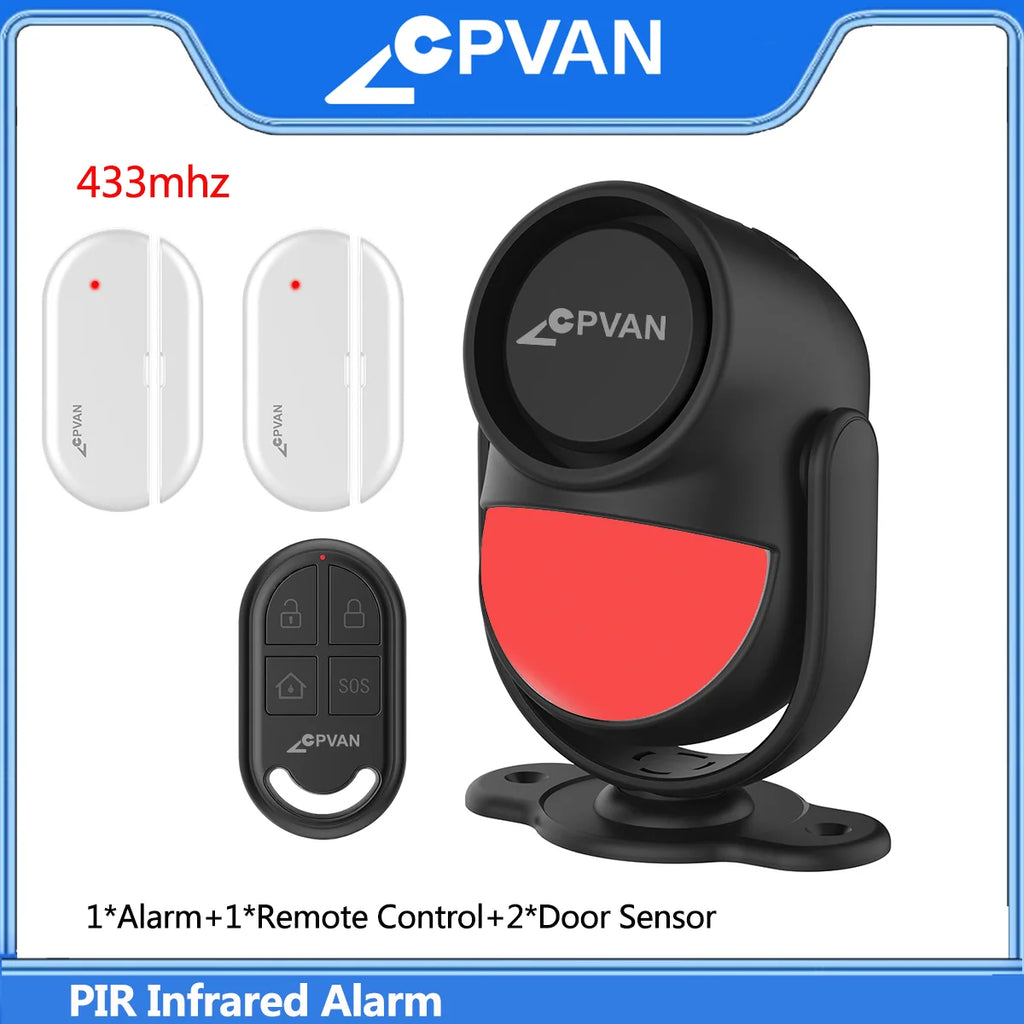 CPVAN PIR Infrared Motion Detector Alarm 120 high decibel Home burglar Alarm Motion Sensor with remote control and Door Sensor