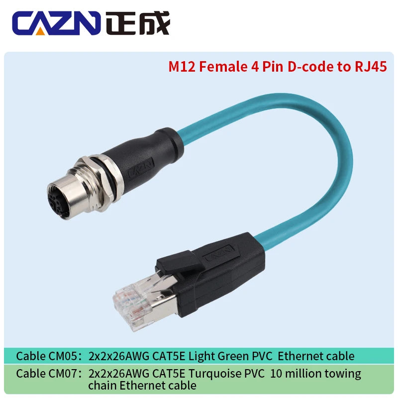 M12 Connector 4 Pin D Code Male to RJ45 Waterproof Ethernet Connector Industrial Ethernet Ethercat