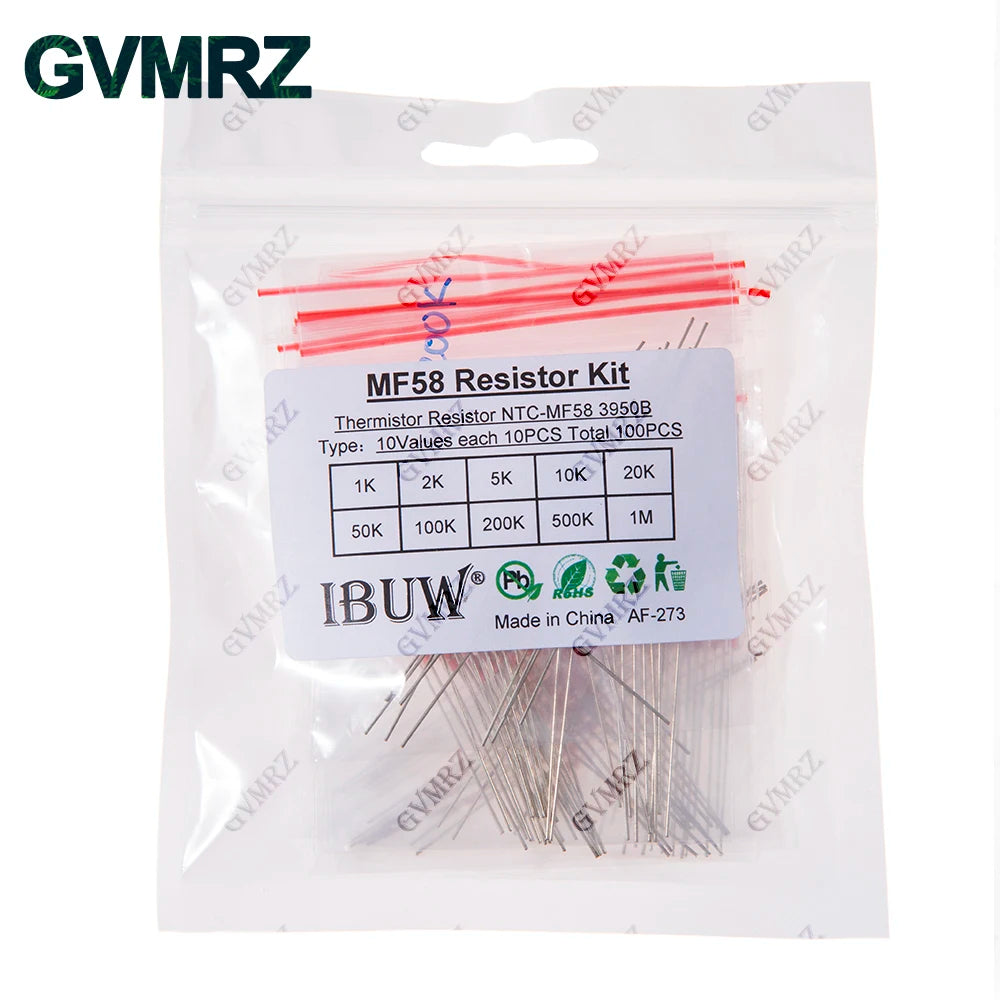 100PCS 10Values MF58 NTC Thermistor Kit 1K-1M 3950B for Temperature Sensing & Circuit Thermal Control Projects