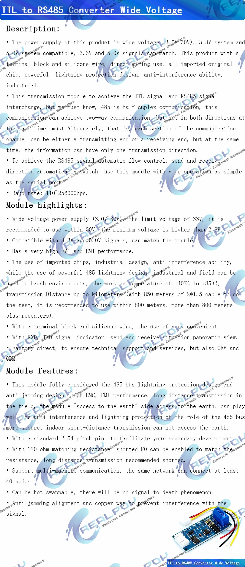 TTL Turn To RS485 Module Hardware Automatic Flow Control Module Serial UART Level Mutual Conversion Power Supply Module 3.3V 5V