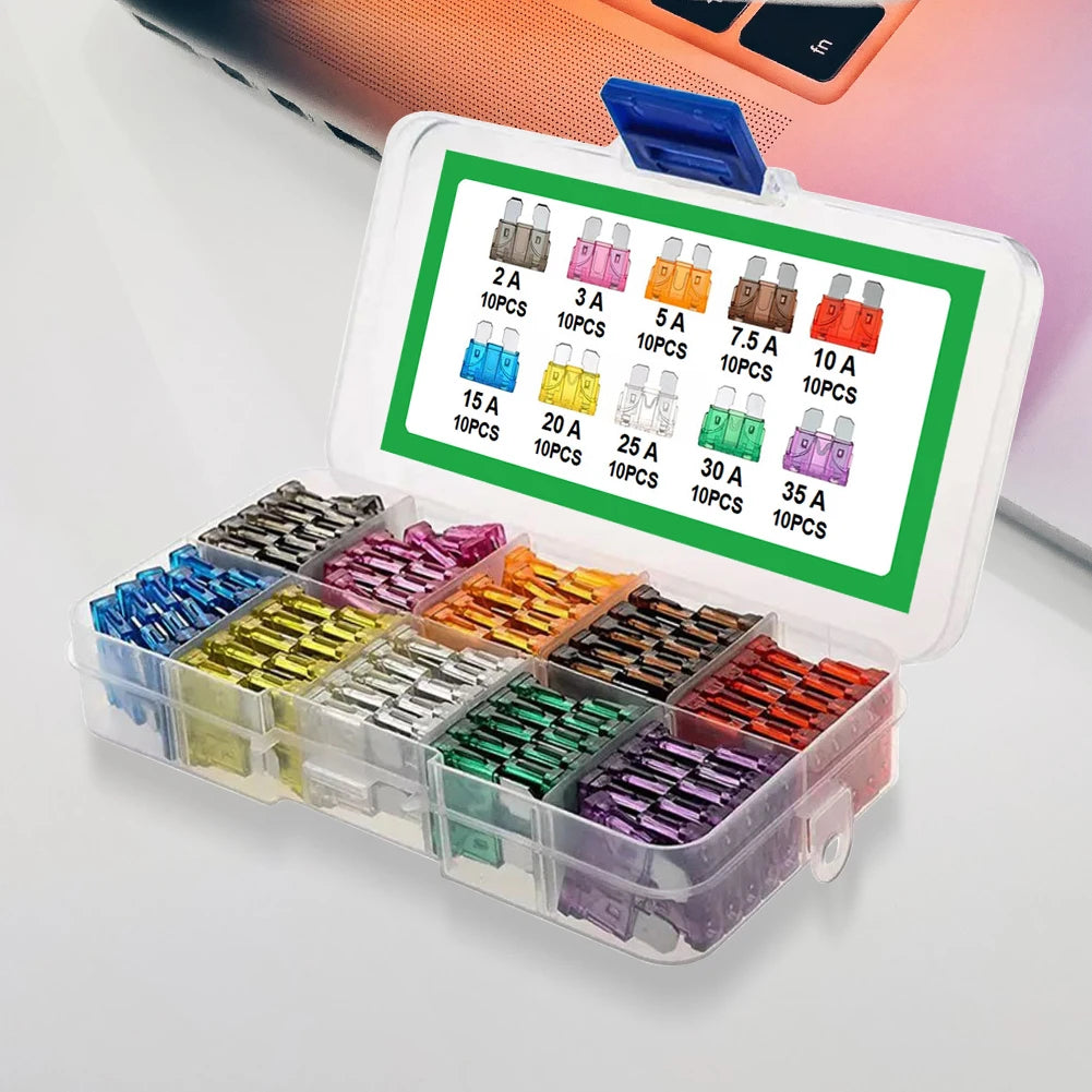 100Pcs Auto Fuse Kit 2A 3A 5A 7.5A 10A 10 Types Car Fuse Assortment 15A 20A 25A 30A 35A Blade Type Fuse Assorted Kit