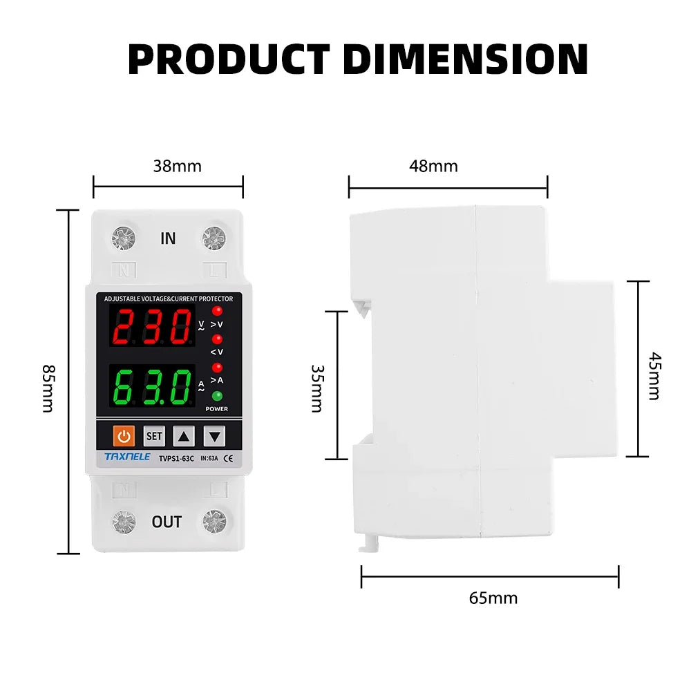 63A 230V Din Rail Adjustable Over Under Voltage Protective Device Protector Relay Over Current Protection Energy KWH Meter