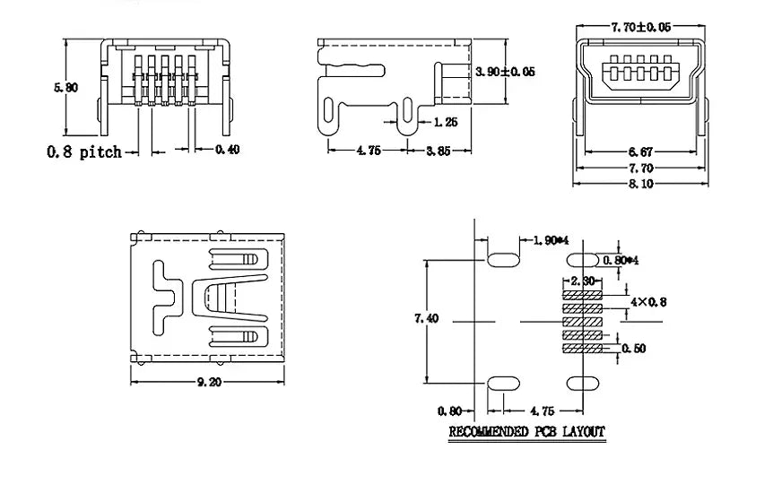 10Pieces 9Types Mini USB Connector B Type USB 2.0 Jack 5pin SMT DIP PCB Board Sink 1.7 USB Socket Female Jack 2.0