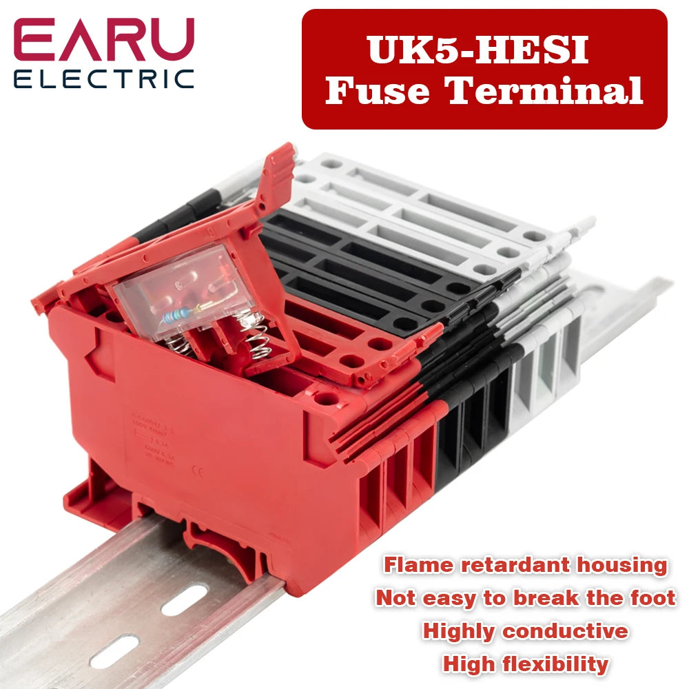 10Pcs/lot Din Rail Terminal Blocks UK-5-HESI Black Connector Screw Fuse Terminal Block Connector Screw Fuse Holder Conductor