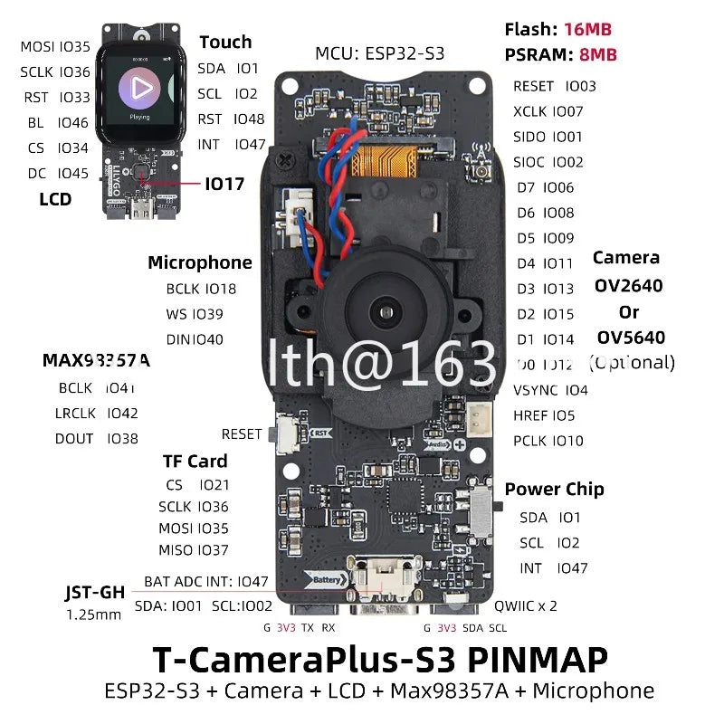 T-Camera Plus S3 ESP32-S3 OV2640 Development Board 1.3 Inch LCD Microphone + MAX98357A + Speaker Kit ESP32-S3 Camera