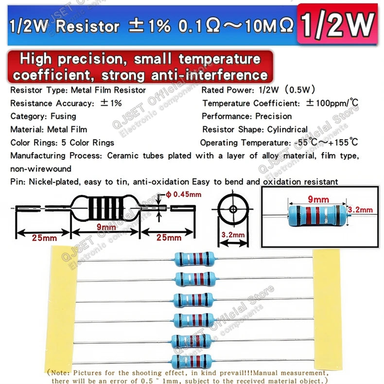50pcs 1/2W Metal Film Resistors 1% 0.5W 10R 15R 47 100 200 220 470 510 Ohm 1K 2.2K 4.7K 10K 47K 100k 200k 220k 510k 470k 1M Ohms