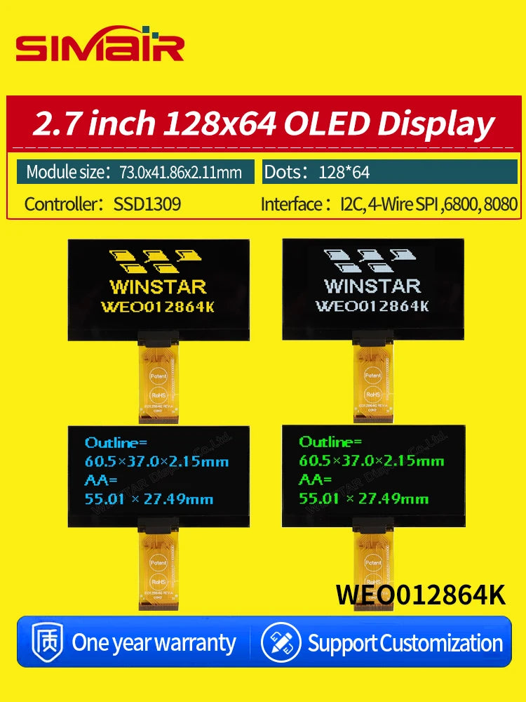 Winstar WEO012864K 31P COG Graphic SPI/I2C/6800/8080 SSD1309 3V 2.7" 27 2.7 inch 128x64 OLED Display