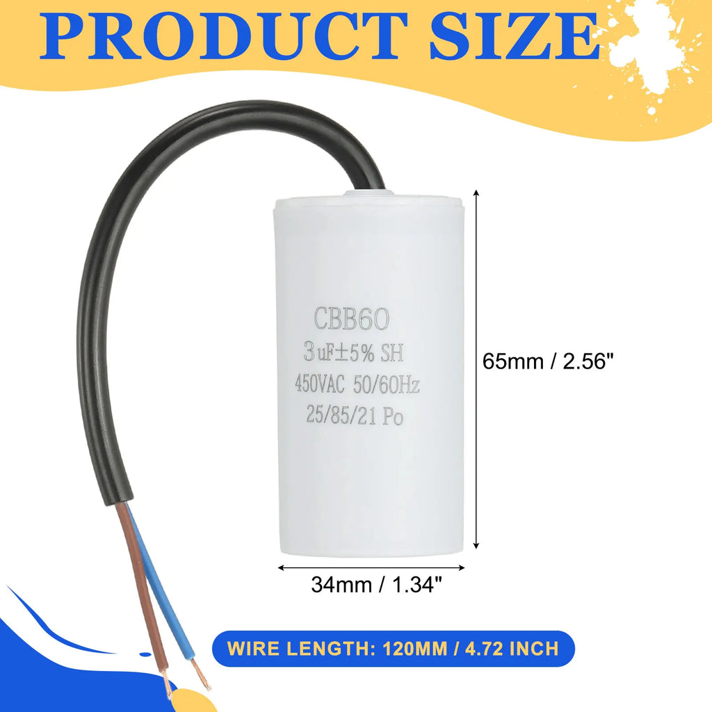 1Pcs CBB60 Run Capacitor 3uf-100uf 450V AC 2 Wires 50/60Hz Cylinder White for Air Compressor Water Pump Motor