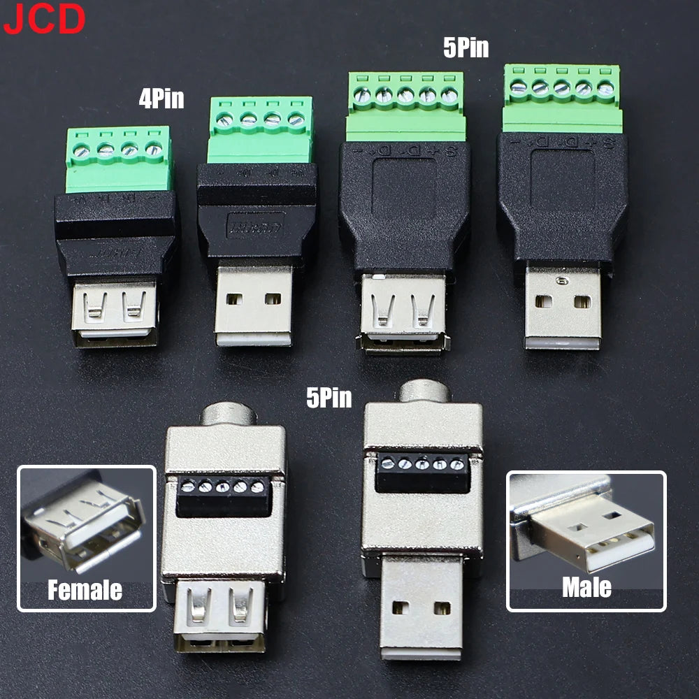 JCD USB 2.0 Connector Avoid Welding Plugs USB Type A Male Female to 4Pin 5pin Screw Terminal Socket Adapter Plug For Computer TV